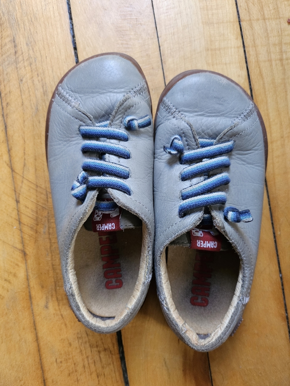 Camper Kids Gray Leather Sneakers with Blue Laces